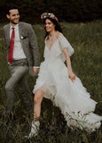 High Split A-Line See-through Ruffle Tulle Wedding Brides Dress