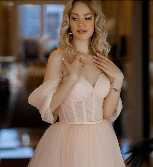 Regina |A Line Pink Tulle Tea Length Prom Dress with Pleats and Ruffles