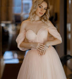 Regina |A Line Pink Tulle Tea Length Prom Dress with Pleats and Ruffles