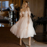 Regina |A Line Pink Tulle Tea Length Prom Dress with Pleats and Ruffles