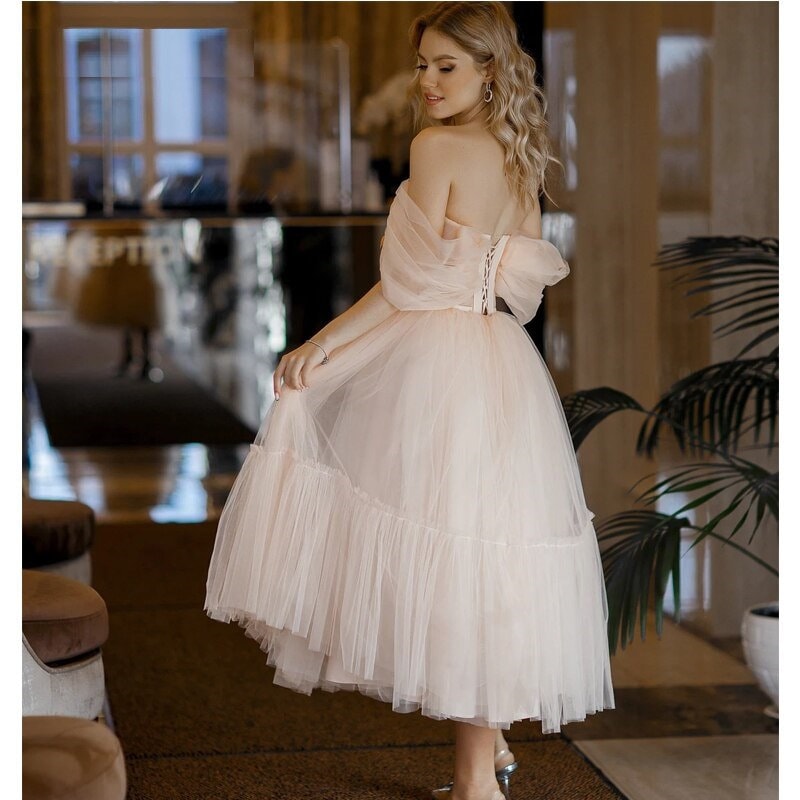 Regina |A Line Pink Tulle Tea Length Prom Dress with Pleats and Ruffles