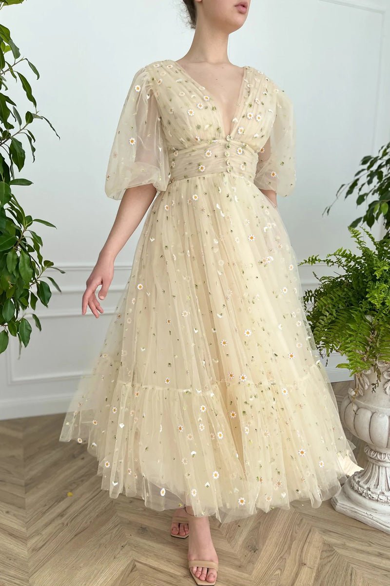 Elliott | A-Line V-Neck Sea of Daisies Engagement Dress with Half Sleeves and Pleats