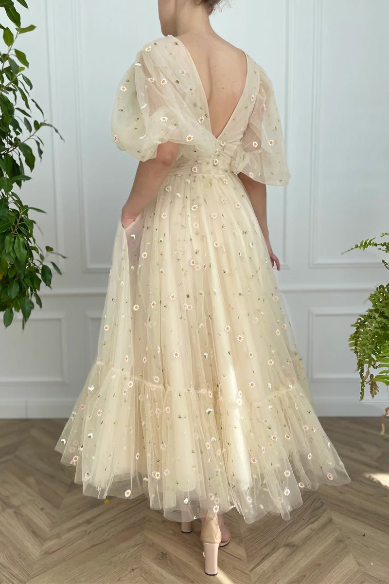 Elliott | A-Line V-Neck Sea of Daisies Engagement Dress with Half Sleeves and Pleats