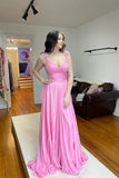 Cute A Line V Neck Pink Pleated Chiffon Long Prom Dress