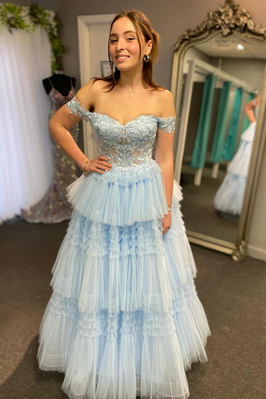 Cute A Line Off the Shoulder Light Blue Tiered Tulle Prom Dress with Appliques