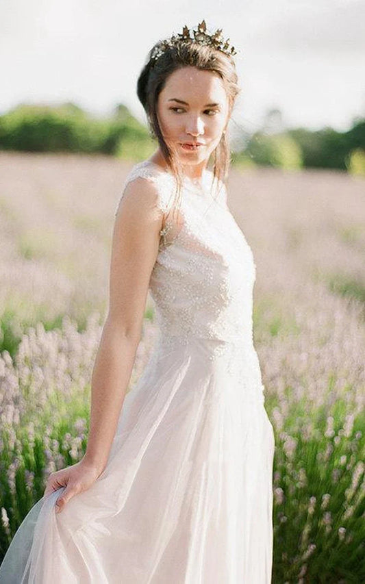 Jewel Neck Sleeveless Long Tulle Wedding Dress with Beading
