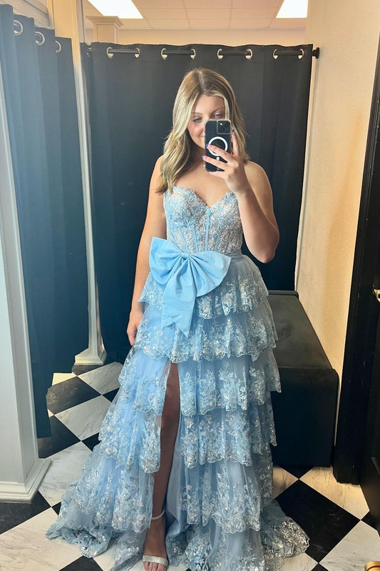 Cute A Line Sweetheart Light Blue Sequins Lace Long Prom Gown