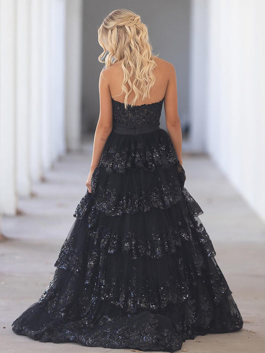 Cute A Line Sweetheart Black Tulle Appliques Ruffle Long Prom Gown