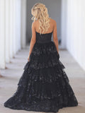 Cute A Line Sweetheart Black Tulle Appliques Ruffle Long Prom Gown