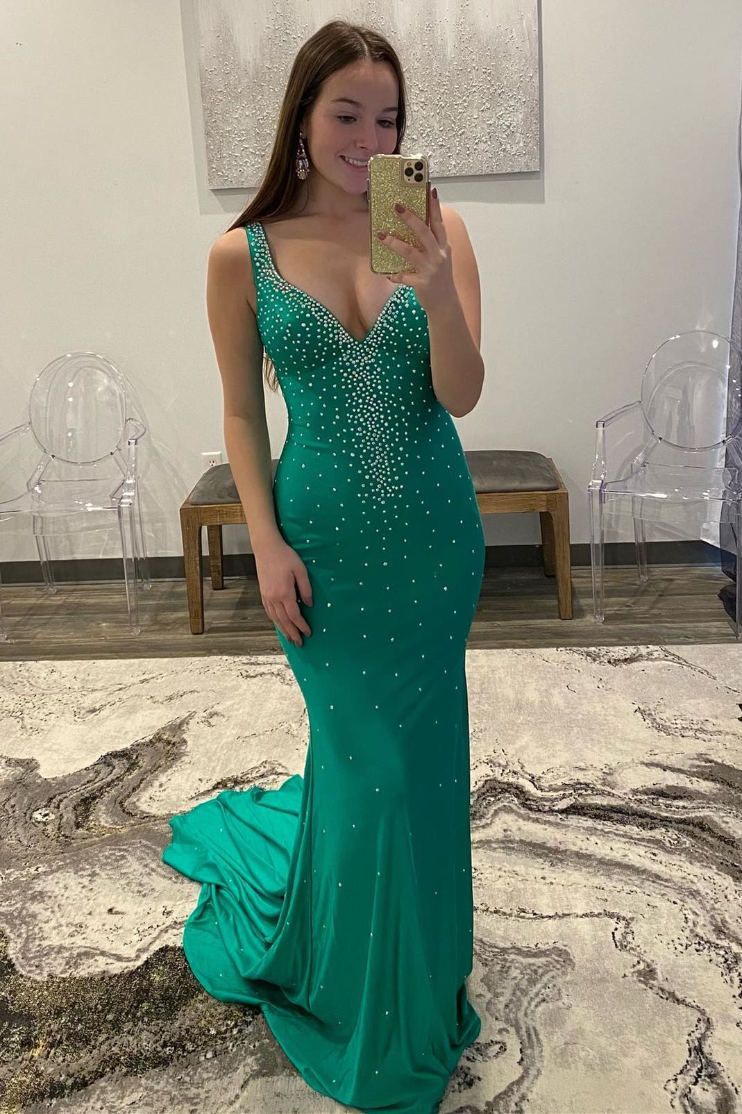 Elle | Beaded Satin Mermaid Prom Dress with V-Neck and Cross Back