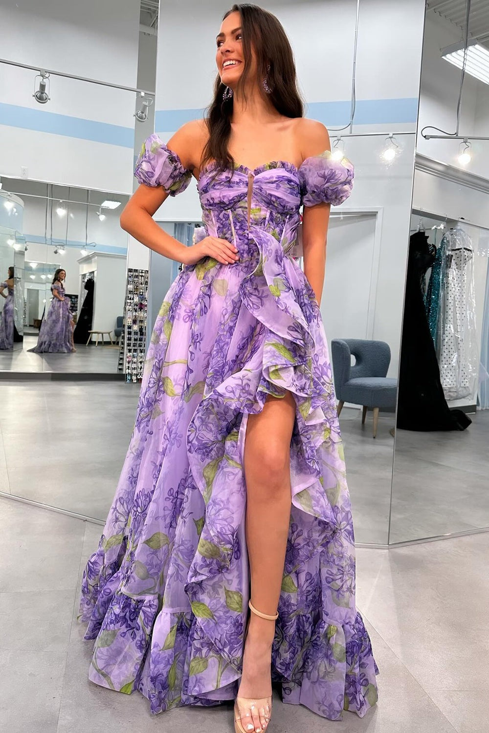 Elise | Cute A-Line Sweetheart Floral Prom Dress with Detachable Sleeves