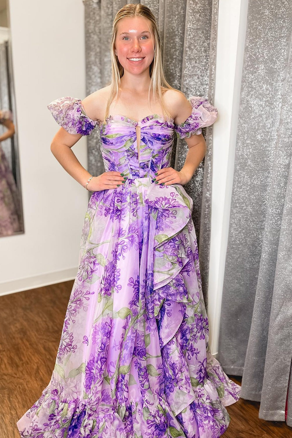 Elise | Cute A-Line Sweetheart Floral Prom Dress with Detachable Sleeves