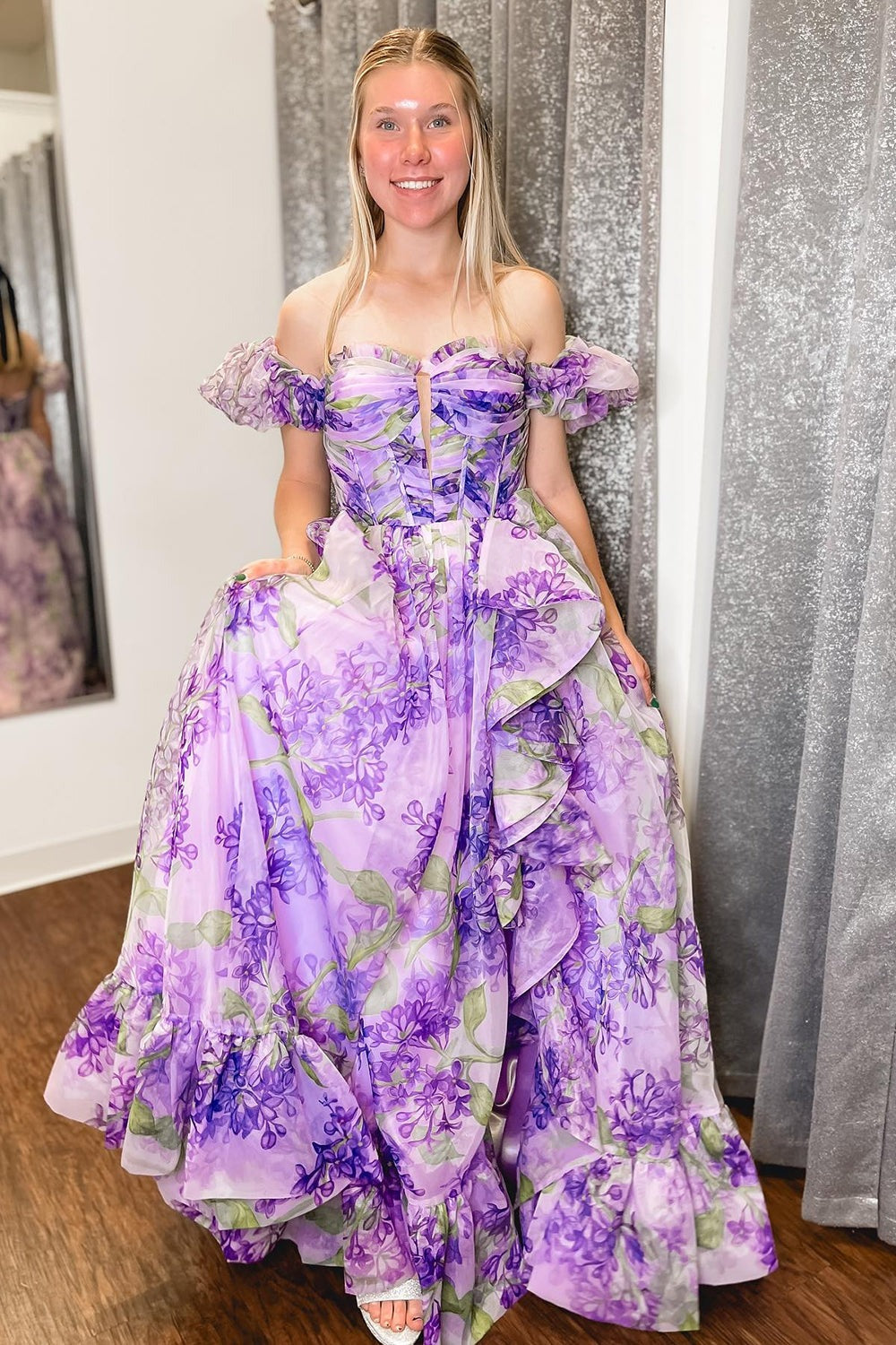 Elise | Cute A-Line Sweetheart Floral Prom Dress with Detachable Sleeves
