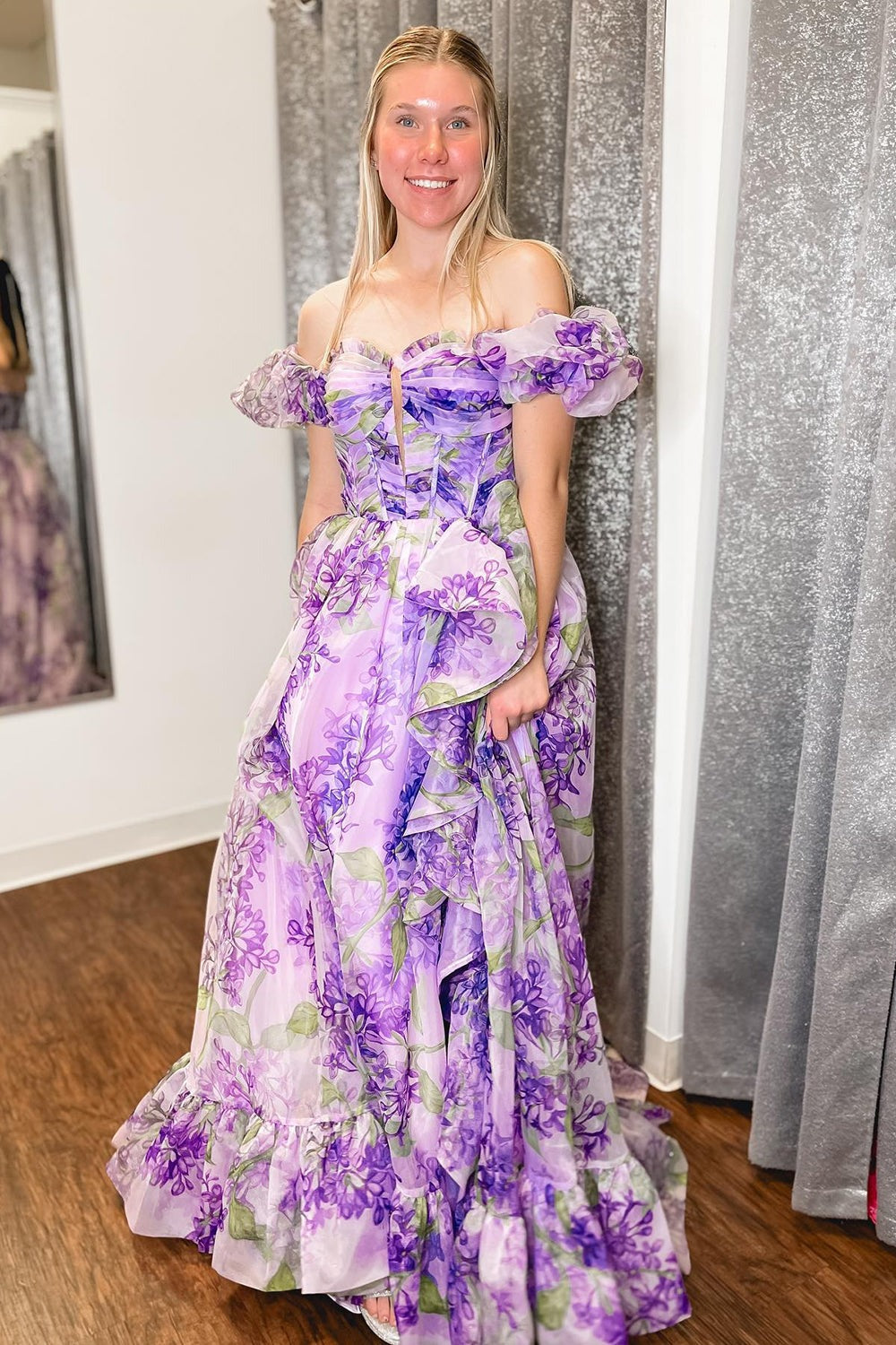 Elise | Cute A-Line Sweetheart Floral Prom Dress with Detachable Sleeves