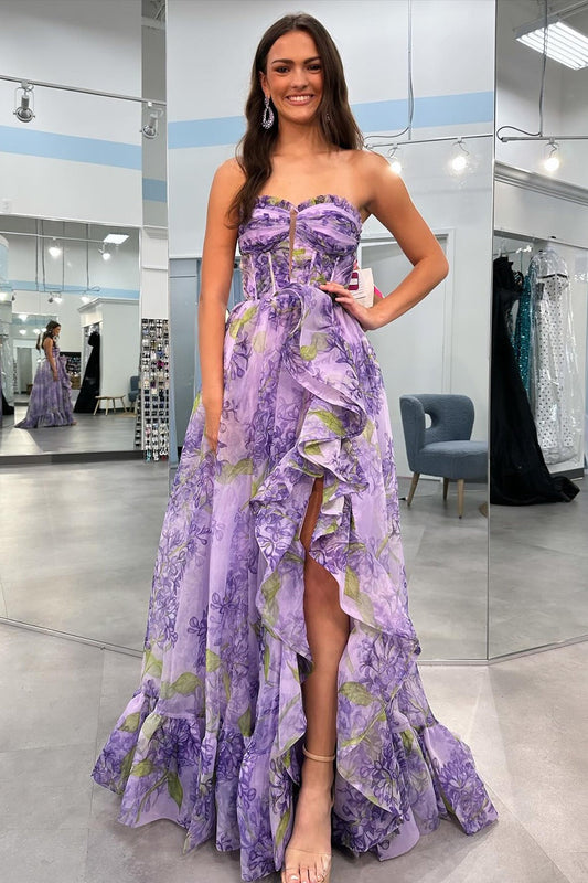 Kay | Strapless A-Line Floral Prom Dress with Detachable Sleeves