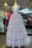 Cute A-Line Lavender Tulle Sparkly Tiered Long Prom Dress