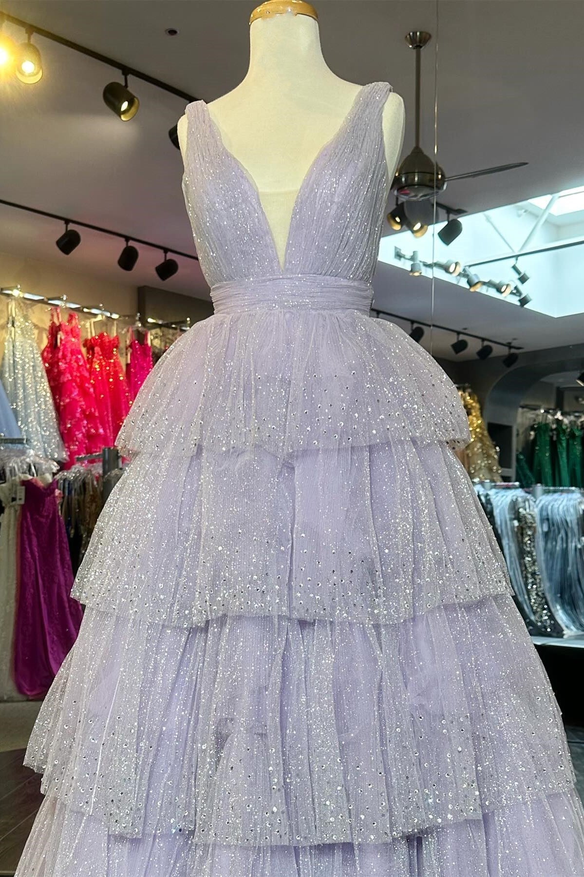 Cute A-Line Lavender Tulle Sparkly Tiered Long Prom Dress