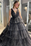 Cute A-Line Lavender Tulle Sparkly Tiered Long Prom Dress