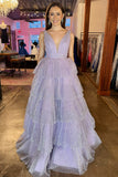 Cute A-Line Lavender Tulle Sparkly Tiered Long Prom Dress