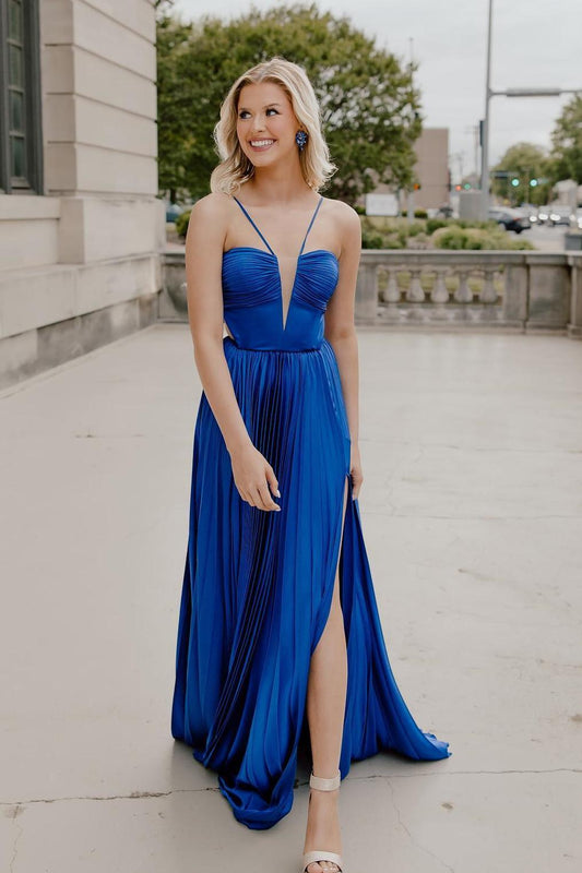 Cute A Line Straps Royal Blue Pleated Satin Long Prom Dress Formal Dress with Bow Back