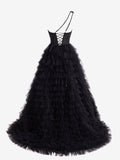 Kinsley | One-Shoulder Black A-Line Tiered Long Prom Dress