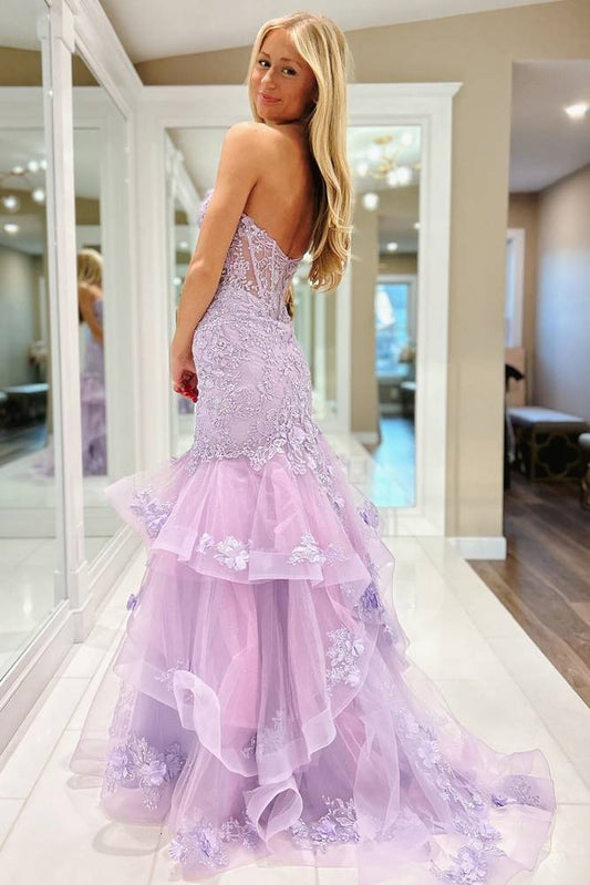 Charming Mermaid Lavender Lace Applique Long Prom Dress