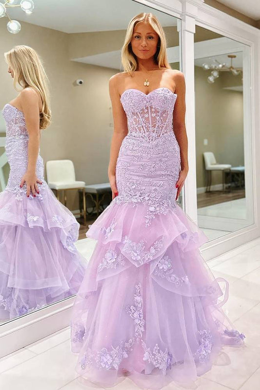 Charming Mermaid Lavender Lace Applique Long Prom Dress