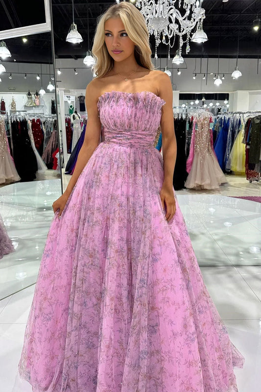 Amani | Strapless A-Line Printed Glitter Tulle Prom Dress