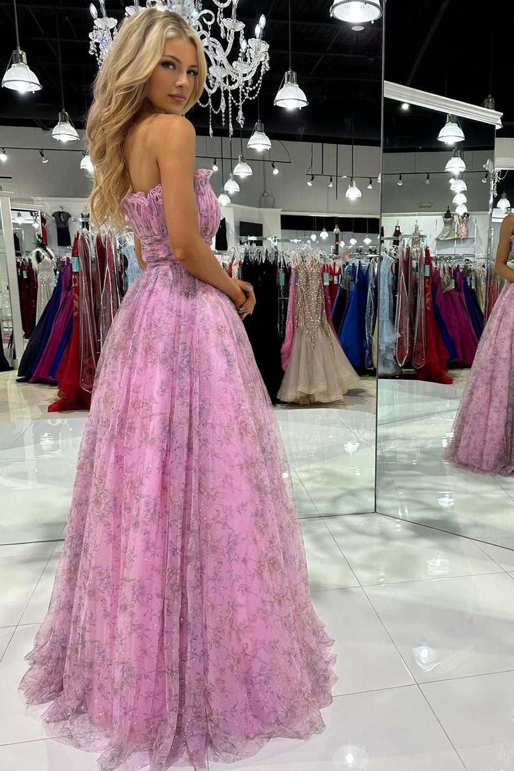 Amani | Strapless A-Line Printed Glitter Tulle Prom Dress