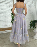 Alicia |A-line Lilac Tea Length Tulle Prom Dress with Embroidery