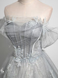 Tiana | Gray A-Line Off-the-Shoulder Tulle Prom Dress, Lovely Corset Floor-Length Party Dress