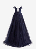 Mariana | Navy Blue Sweetheart Lace Tulle A-Line Prom Dress with Slit