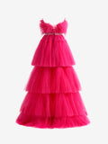 Marie | Fuchsia A-Line High-Low Strapless Ruffled Tulle Prom Dress with Feathers