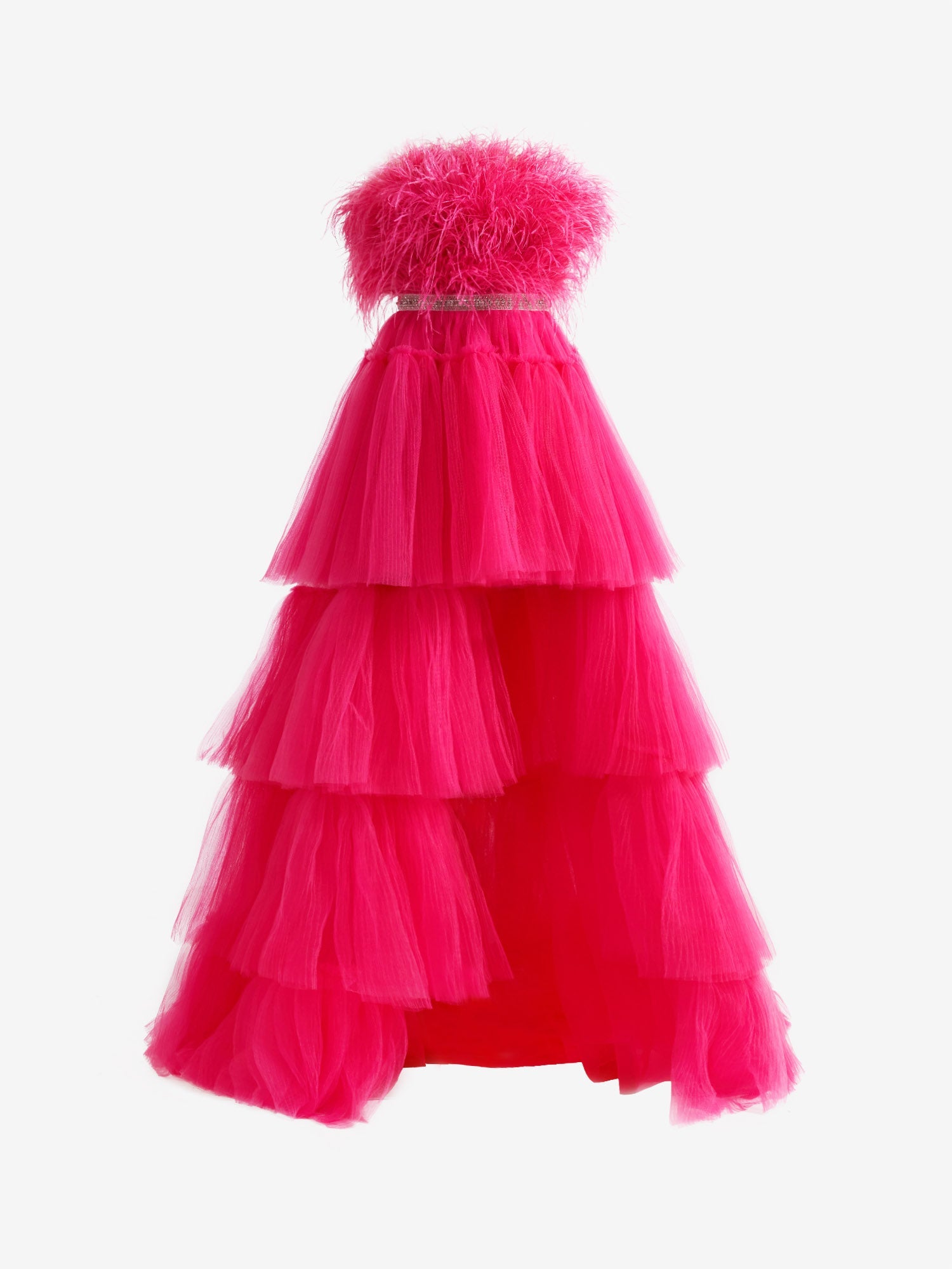 Marie | Fuchsia A-Line High-Low Strapless Ruffled Tulle Prom Dress with Feathers