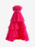 Marie | Fuchsia A-Line High-Low Strapless Ruffled Tulle Prom Dress with Feathers