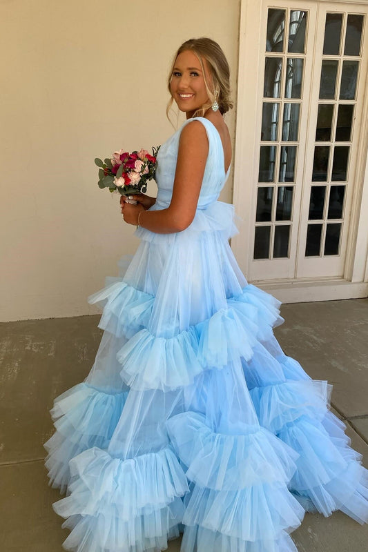 Celeste | Cute Ball Gown V-Neck Light Blue Tiered Tulle Long Prom Dress