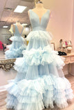 Celeste | Cute Ball Gown V-Neck Light Blue Tiered Tulle Long Prom Dress