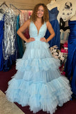 Celeste | Cute Ball Gown V-Neck Light Blue Tiered Tulle Long Prom Dress