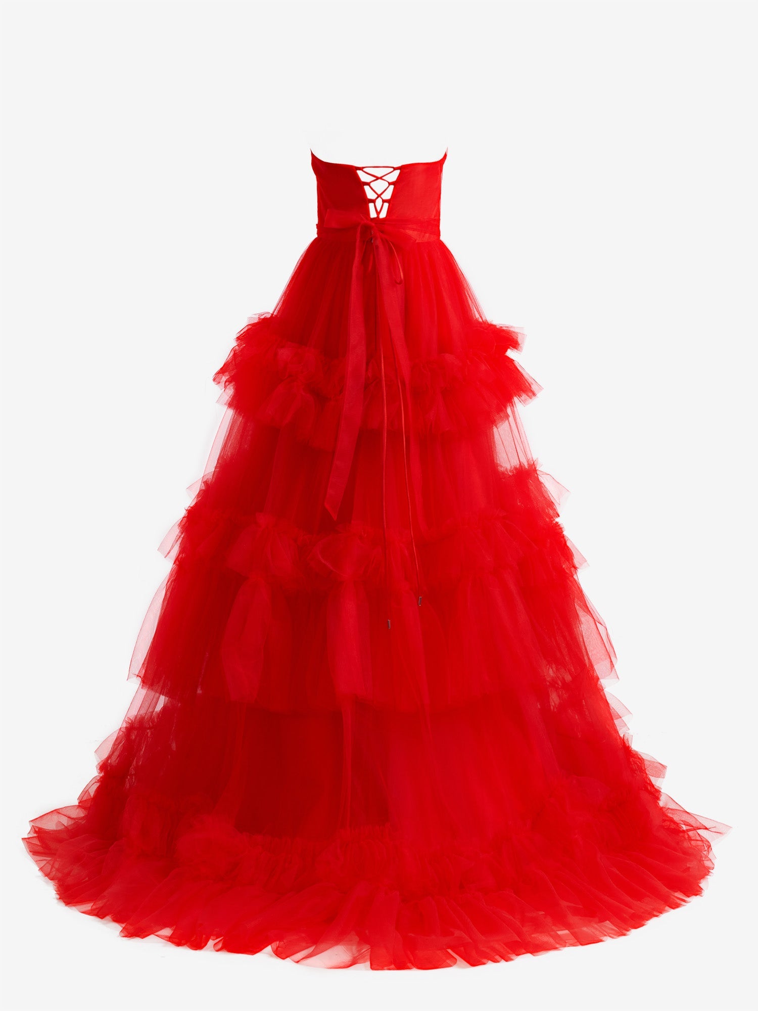 Matilda |Red A-Line Strapless Ruffled Tulle Evening Dress with Multi-Tiered Ruffles