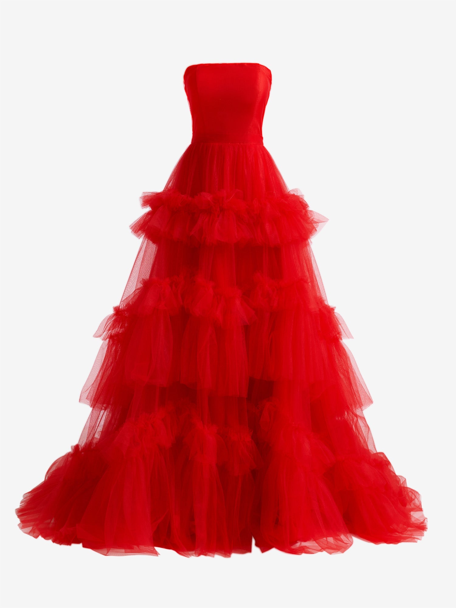 Matilda |Red A-Line Strapless Ruffled Tulle Evening Dress with Multi-Tiered Ruffles