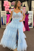 Cute A Line Sweetheart Light Blue Tiered Tulle Prom Dress with Appliques