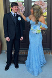 Charming Mermaid Off-the-Shoulder Blue Lace Long Prom Dress with Appliques