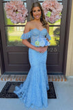 Charming Mermaid Off-the-Shoulder Blue Lace Long Prom Dress with Appliques