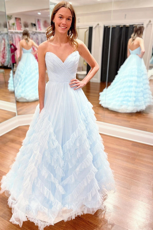 Elegant A-Line Light Blue Strapless Ruffle Long Prom Dress