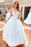 Elegant A-Line Light Blue Strapless Ruffle Long Prom Dress