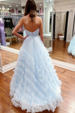 Elegant A-Line Light Blue Strapless Ruffle Long Prom Dress