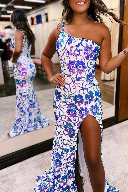 Mermaid One-Shoulder Sequin Appliqué Long Prom Dress with Slit