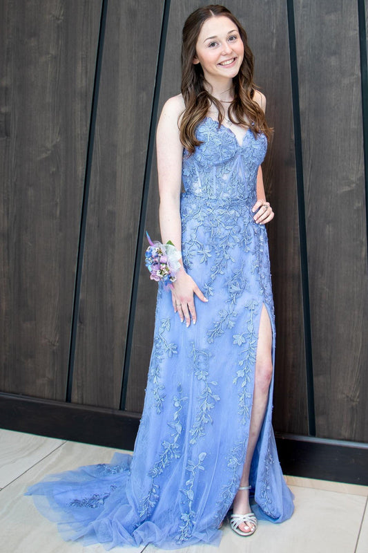 Royal Blue Mermaid Prom Dress with Spaghetti Straps, Slit, and Floral Appliques