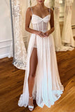 Bohemian Spaghetti Straps Pleated Wedding Dress with High Split