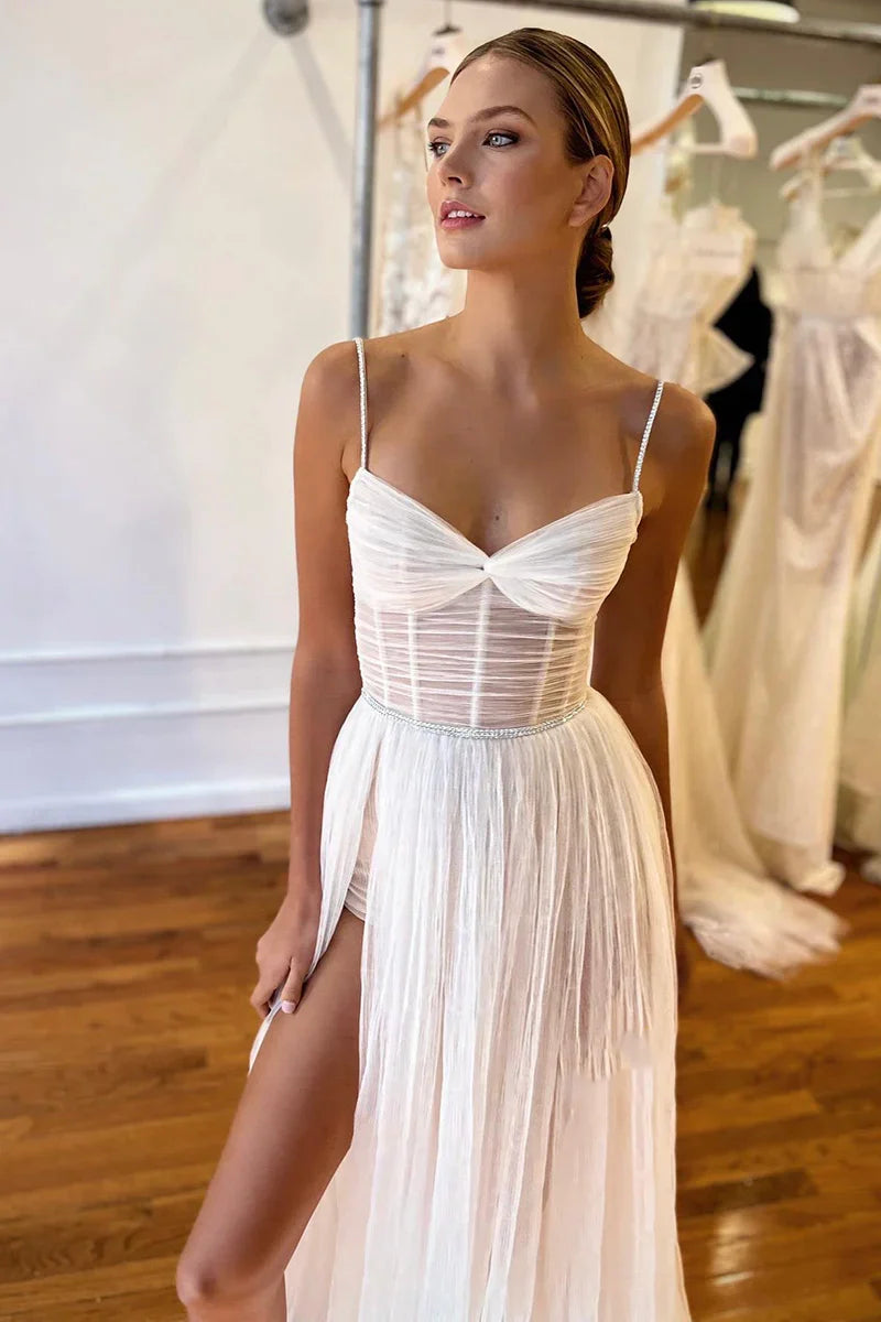 Bohemian Spaghetti Straps Pleated Wedding Dress with High Split